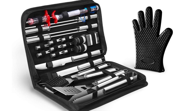 A case displays the 25-piece OlarHike grilling accessories set.