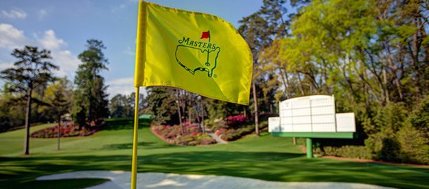 The Masters flag awaits the field at Augusta National Golf Club.