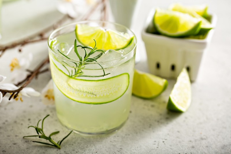 A glass of cucumber gin gimlet with cucumber slices on a table and container.