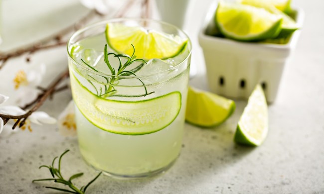 A glass of cucumber gin gimlet with cucumber slices on a table and container.