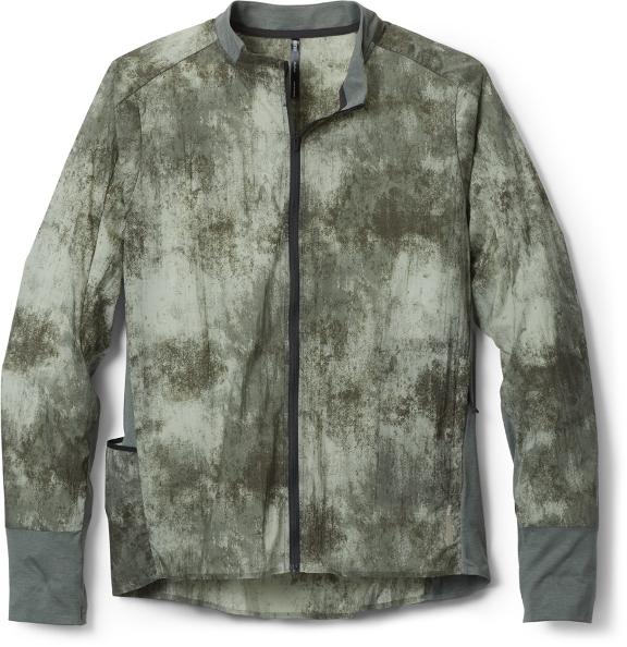 Green men's trail jacket on white background.