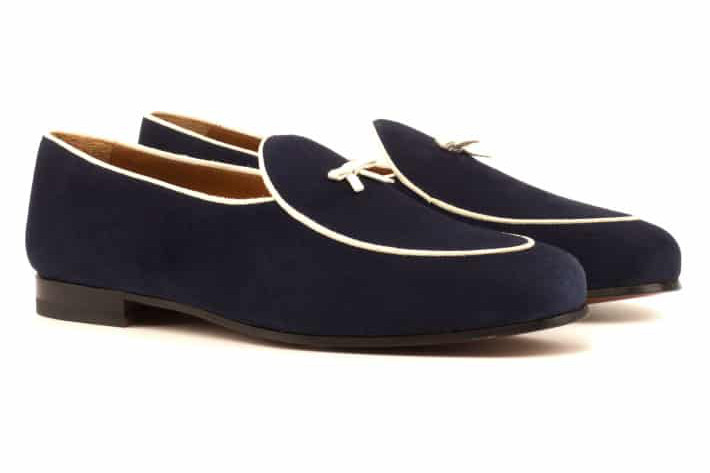 Navy Belgian slippers with white piping from Robert August.