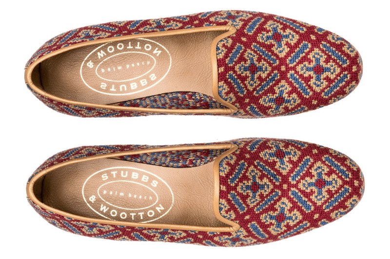 Red and blue needlepoint slippers from Stubbs and Wootton.