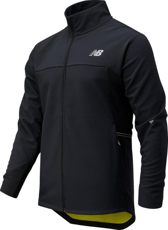 Black New Balance running jacket on a white background.