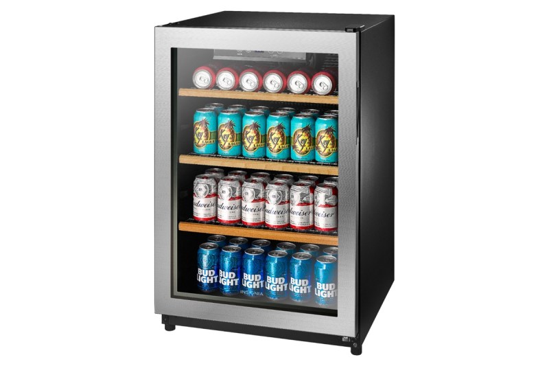 The Insignia beverage cooler holds 130 cans.