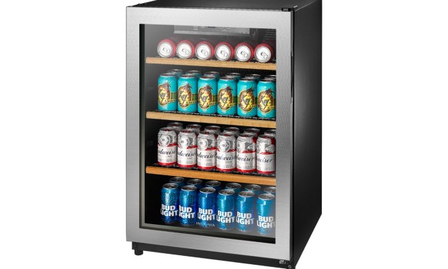 The Insignia beverage cooler holds 130 cans.