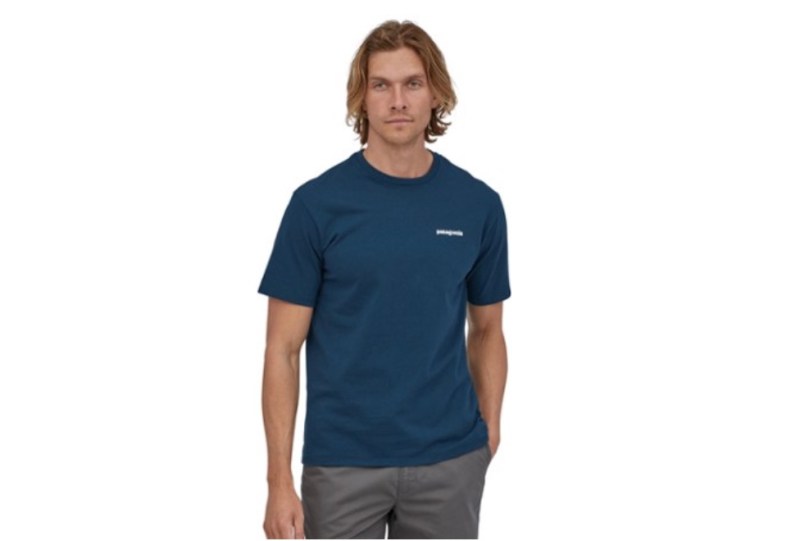 This is a model wearing a navy blue Patagonia tee.