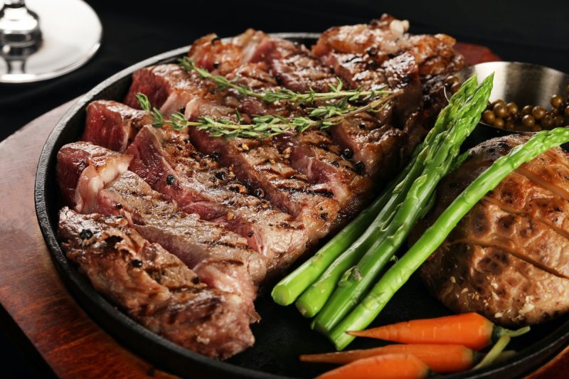 Sliced steak on a plate.