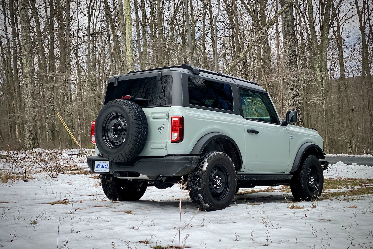 Rear end angle of 2021 Ford Bronco from passenger side in a snowy field with trees in the back.
