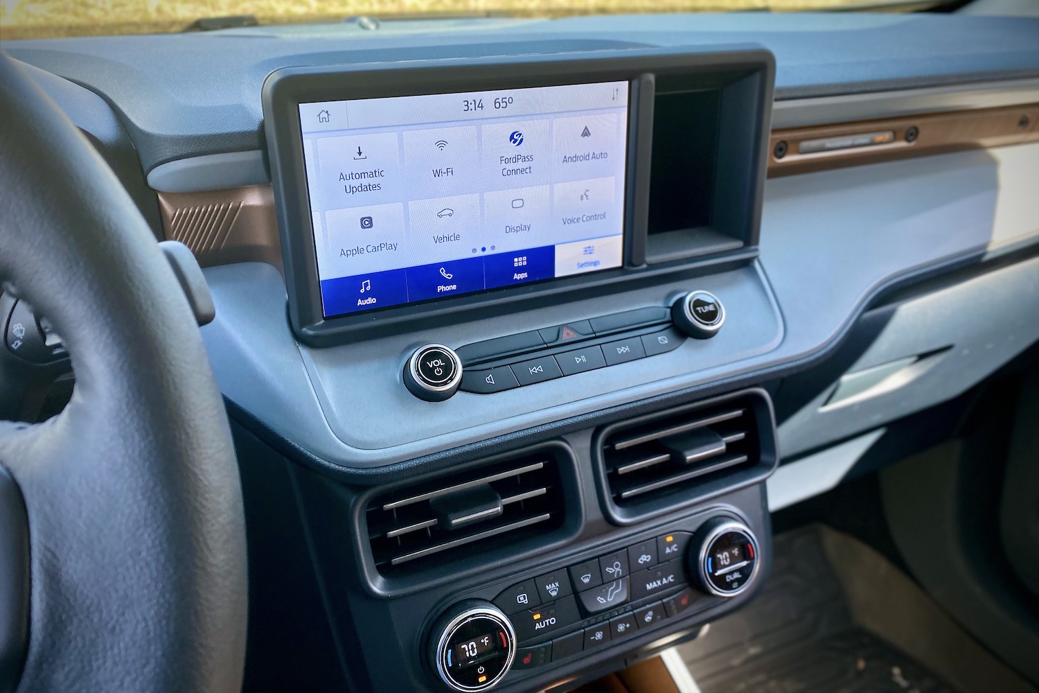 Close up of 2022 Ford Maverick central touchscreen and center console.