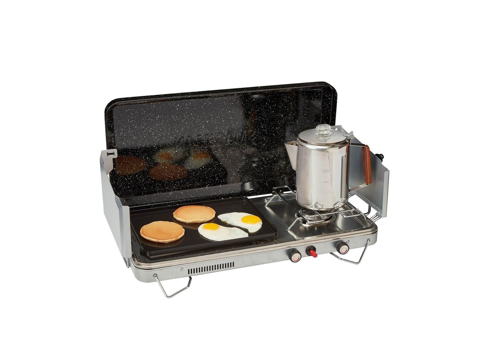 Magellan Outdoors Two-Burner Stove with Griddle from Academy Sports for camping.