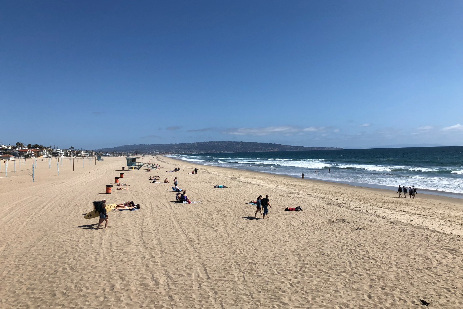 A view of the beach facing south towards the Palos Verdes Peninsula at Manhattan Beach, California