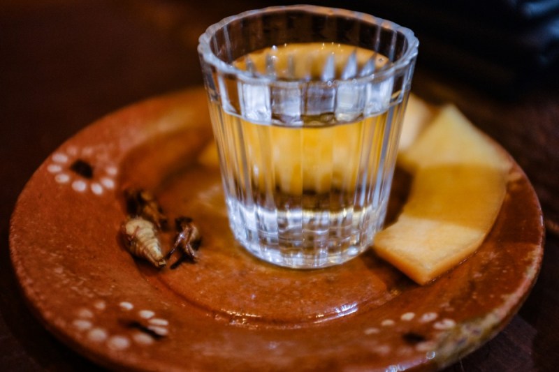 Mezcal from the Sierra Norte de Puebla served with cantaloupe and grasshoppers