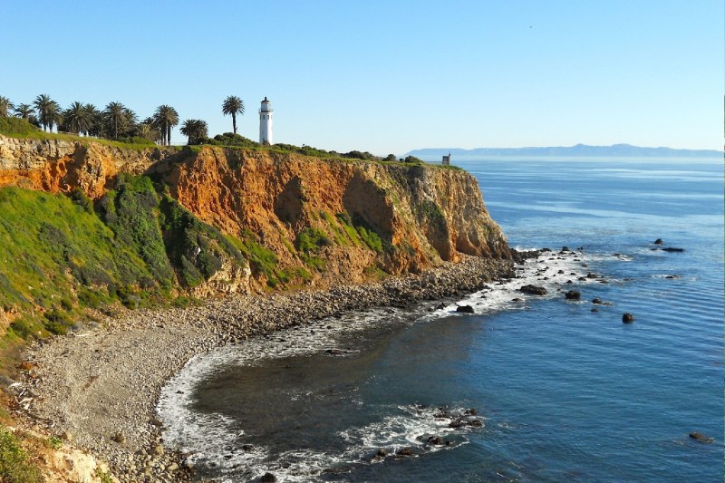 The Point Vicente Lighthouse on a cliff in Rancho Palos Verdes, California.