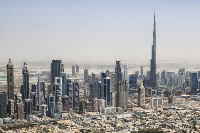 Skyline of Downtown Dubai from a helicopter in 2015