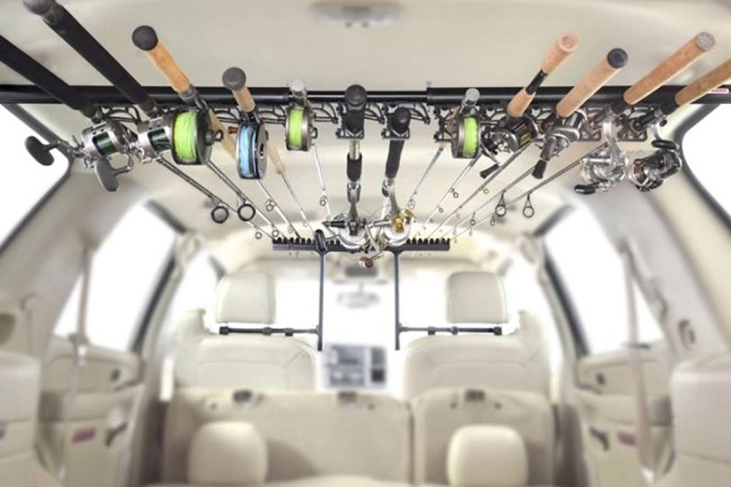 RodMounts Rod-Up Rod Rack mounted to the interior roof of a vehicle.