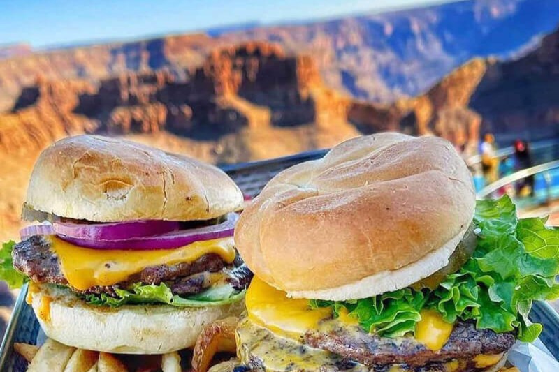 A plate of burgers and fries at Sky View Restaurant at Grand Canyon West