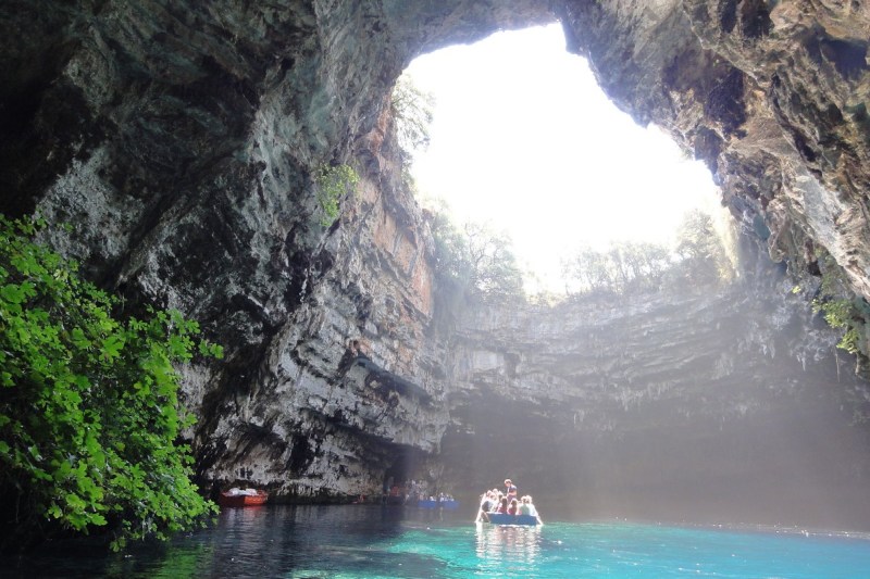 A lagoon under a natural sinkhold in Kefalonia, Greece.