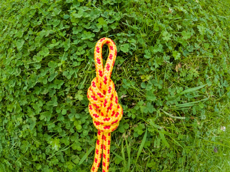 A fully tied figure eight in yellow and red rope on a grassy background.