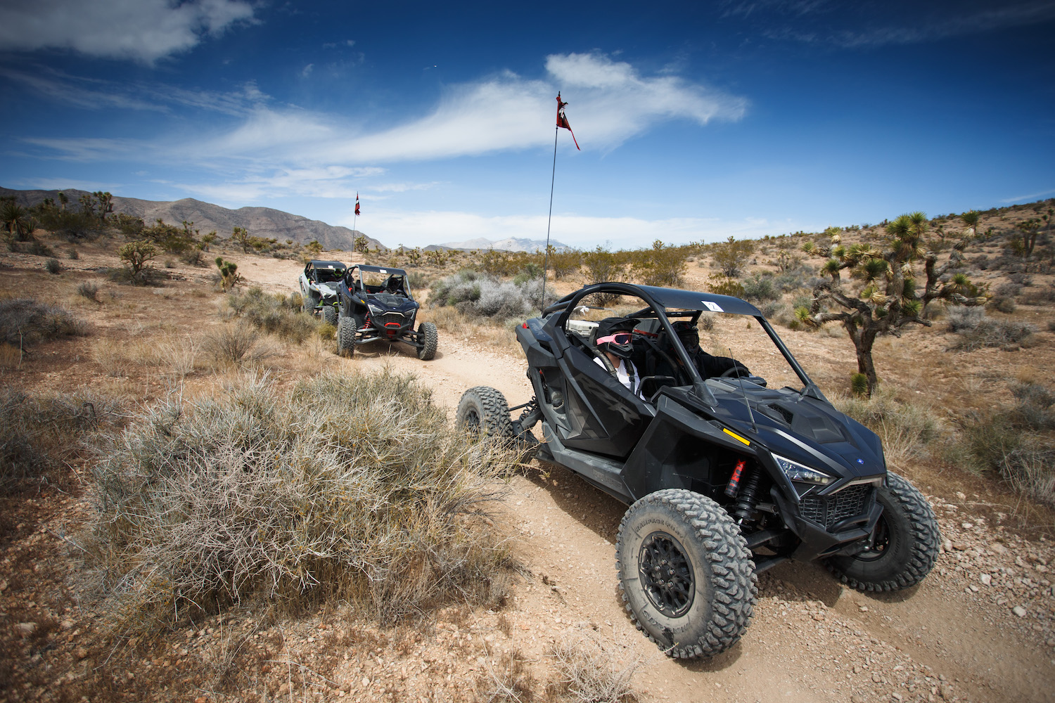 Polaris Polaris RZR Pro Rs driving on a dirt trail in the desert with bushes in the background.