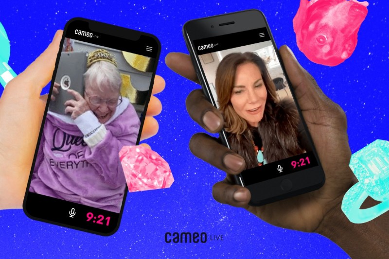 Two cellphones showing an excited fan and a celebrity connecting via Cameo Live.