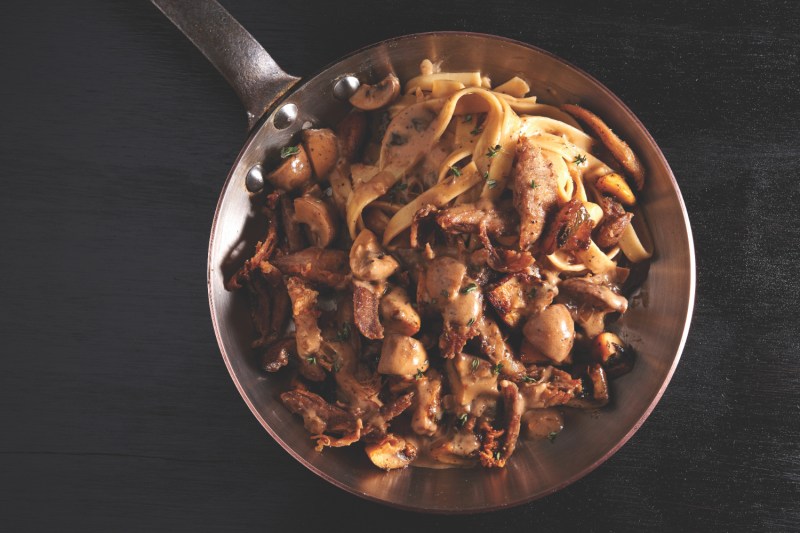 A pan full of cajun duckanoff.