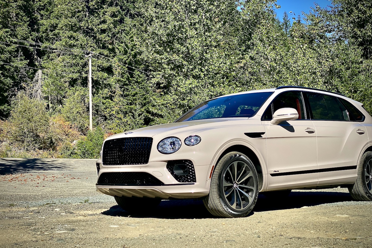 Close up of 2023 Bentley Bentayga EWB front end angle from driver's side with trees in the back on a dirt path.