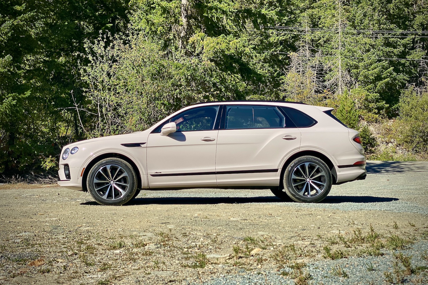 Side profile of pink 2023 Bentley Bentayga EWB with trees in the back on a dirt path.