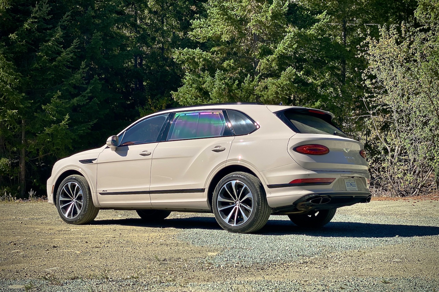 Rear end angle of 2023 Bentley Bentayga EWB on a dirt path with trees in the back.