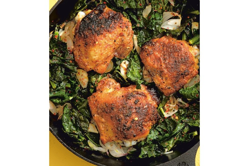 Cast-Iron Chicken Thighs with Crispy Kale.