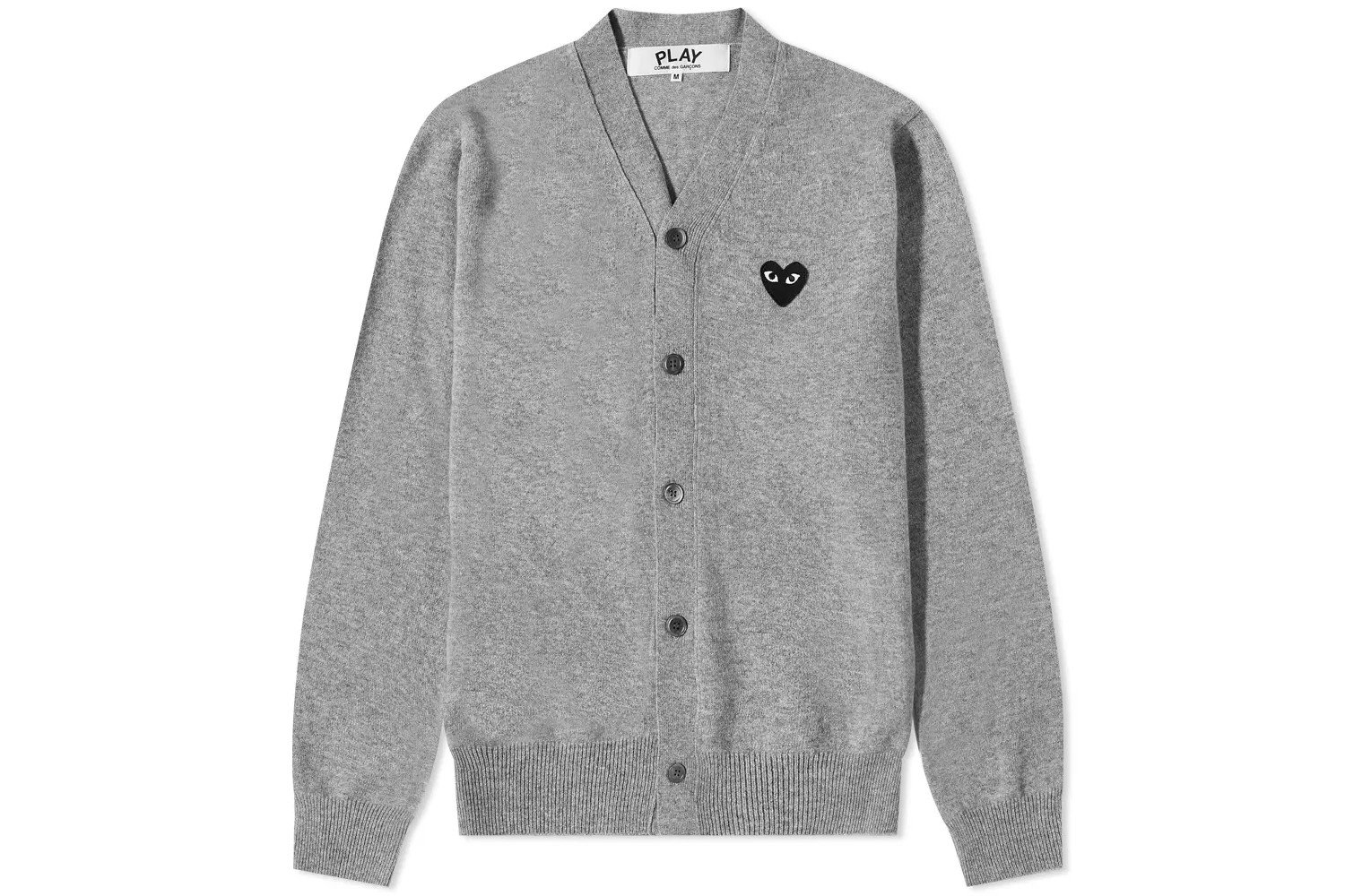 Gray cardigan with the black heart Comme des Garcons Play logo on it. 