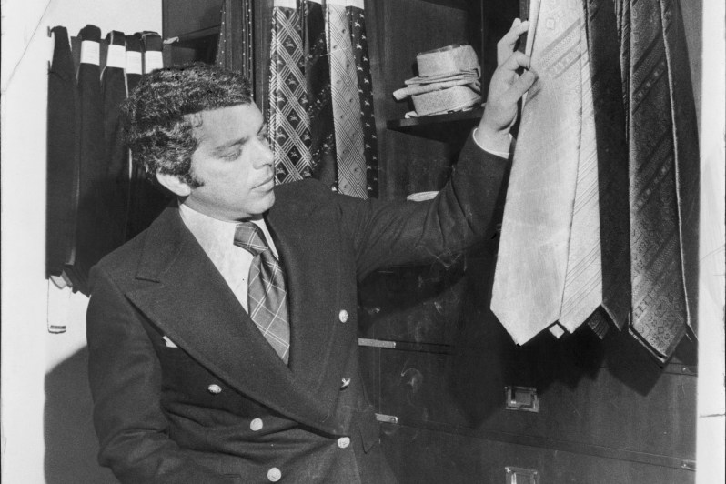 Ralph Lauren displaying his tie collection in 1970.