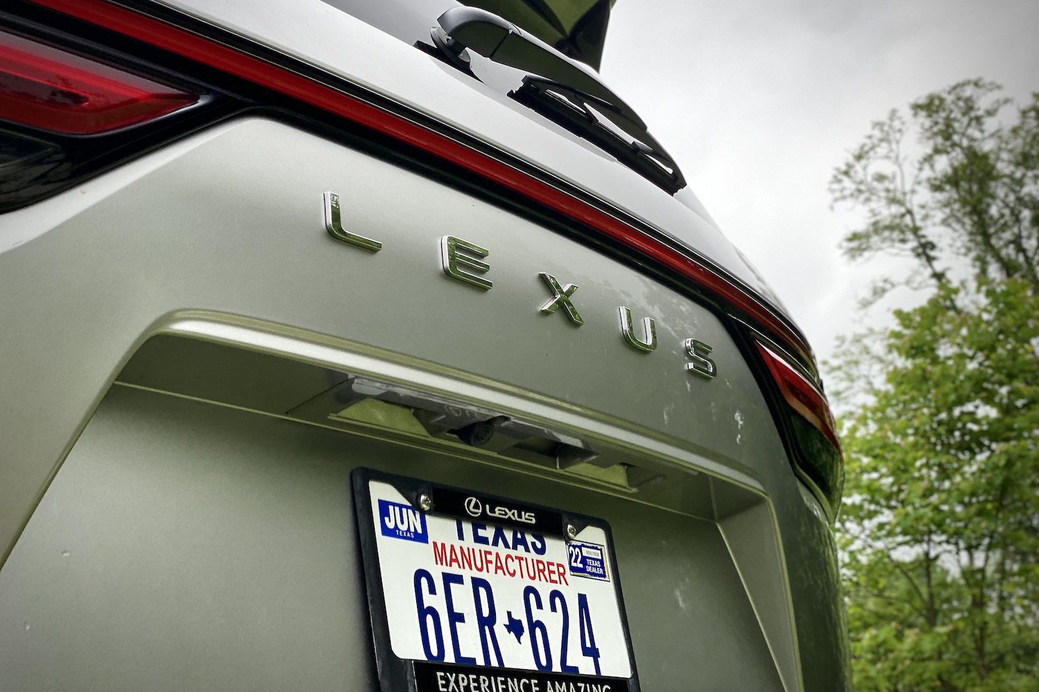 Close up of 2022 Lexus LX 600 Lexus badge on the rear liftgate.