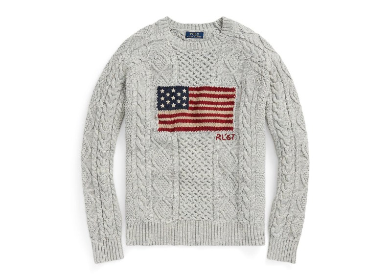 Gray cable knit sweater with an American Flag embroidered on it.