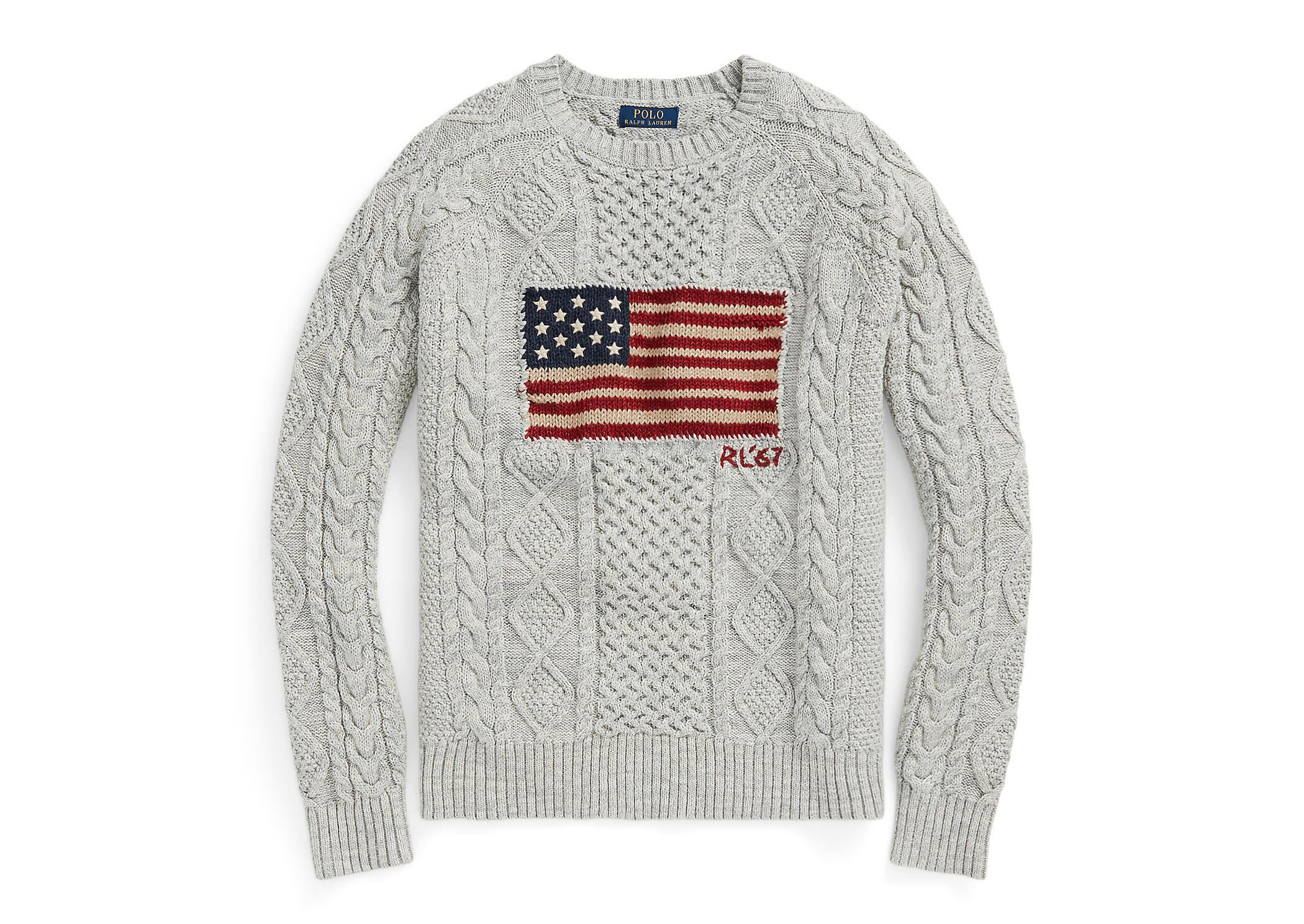 Gray cable knit sweater with an American Flag embroidered on it.