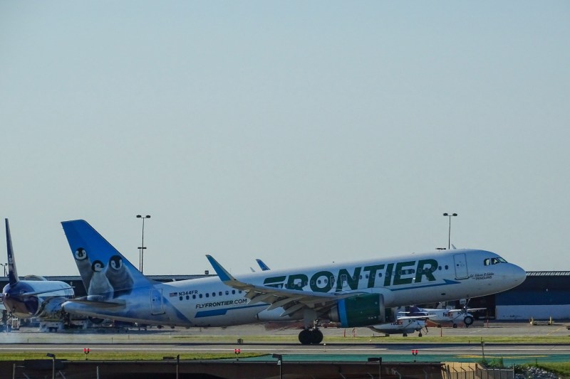 Frontier airplane at an airport