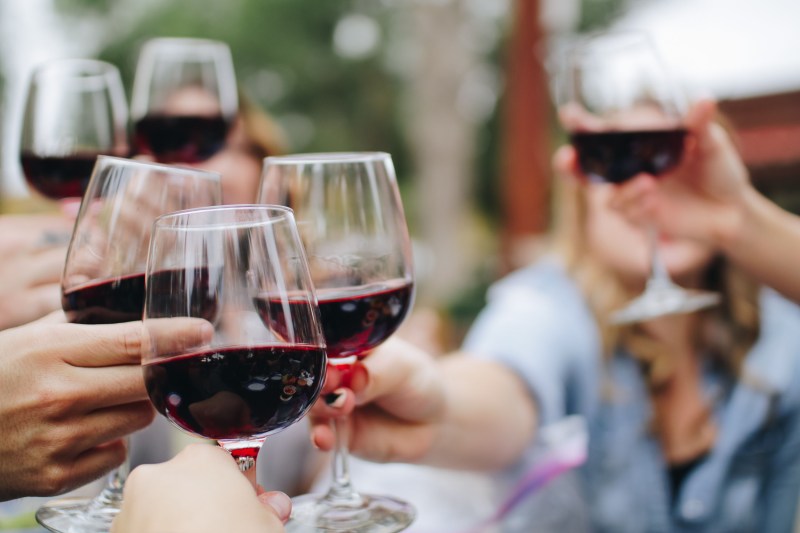 Group of people cheers-ing with wine glasses