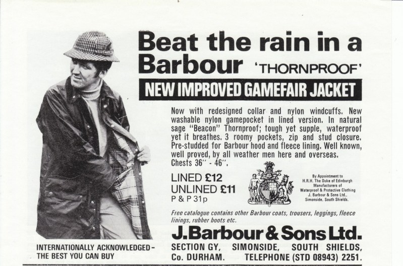 A vintage print advertisement for Barbour jackets.