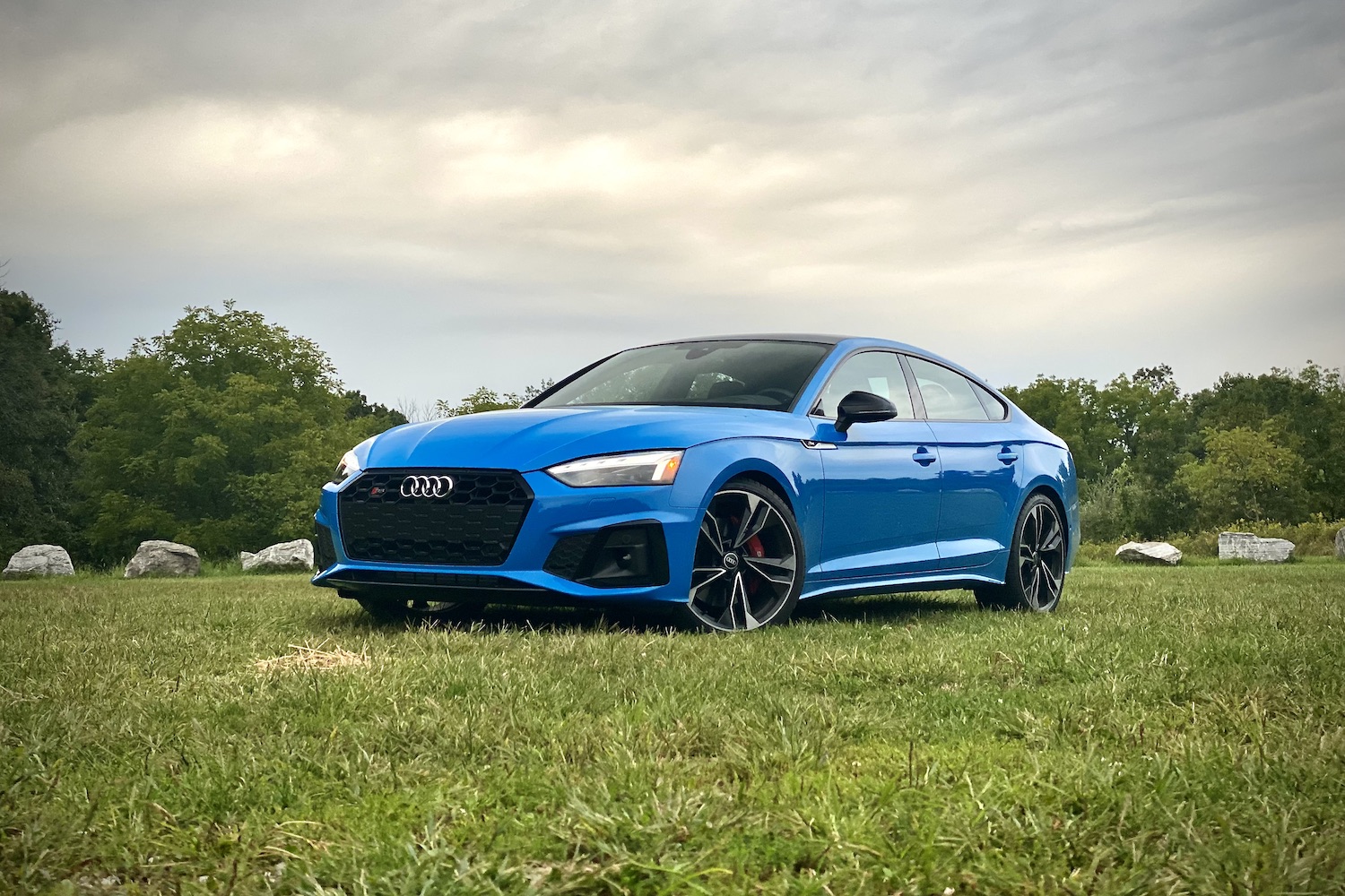 2023 Audi S5 Sportback parked in a grassy field with trees in the back during a sunset.
