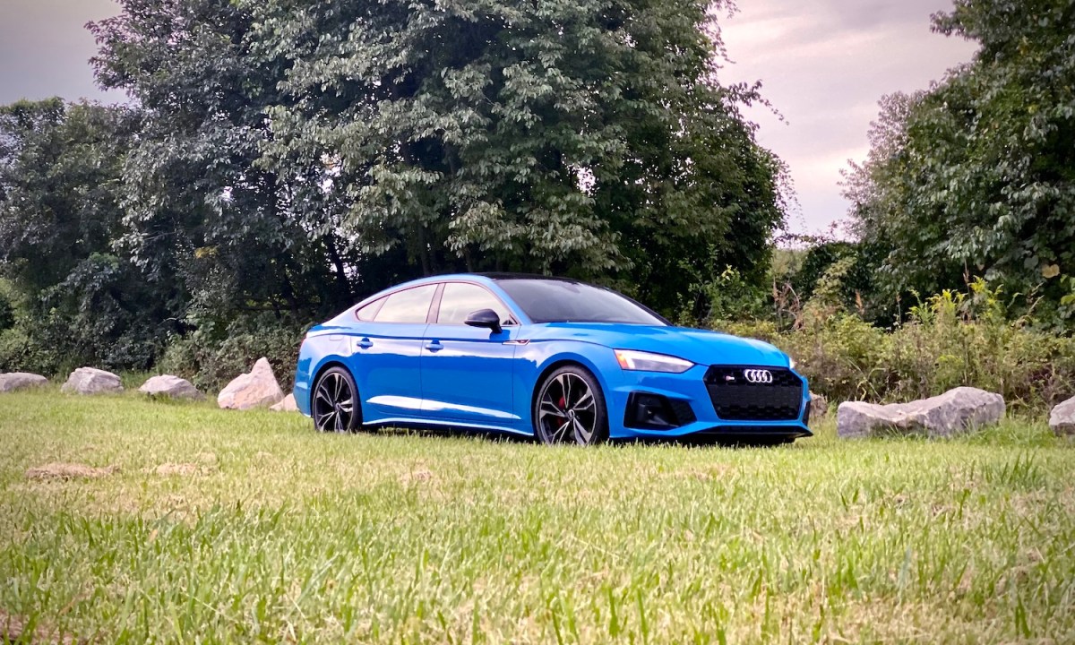 2023 Audi S5 Sportback in a grassy field with trees in the back from the passenger's side profile.
