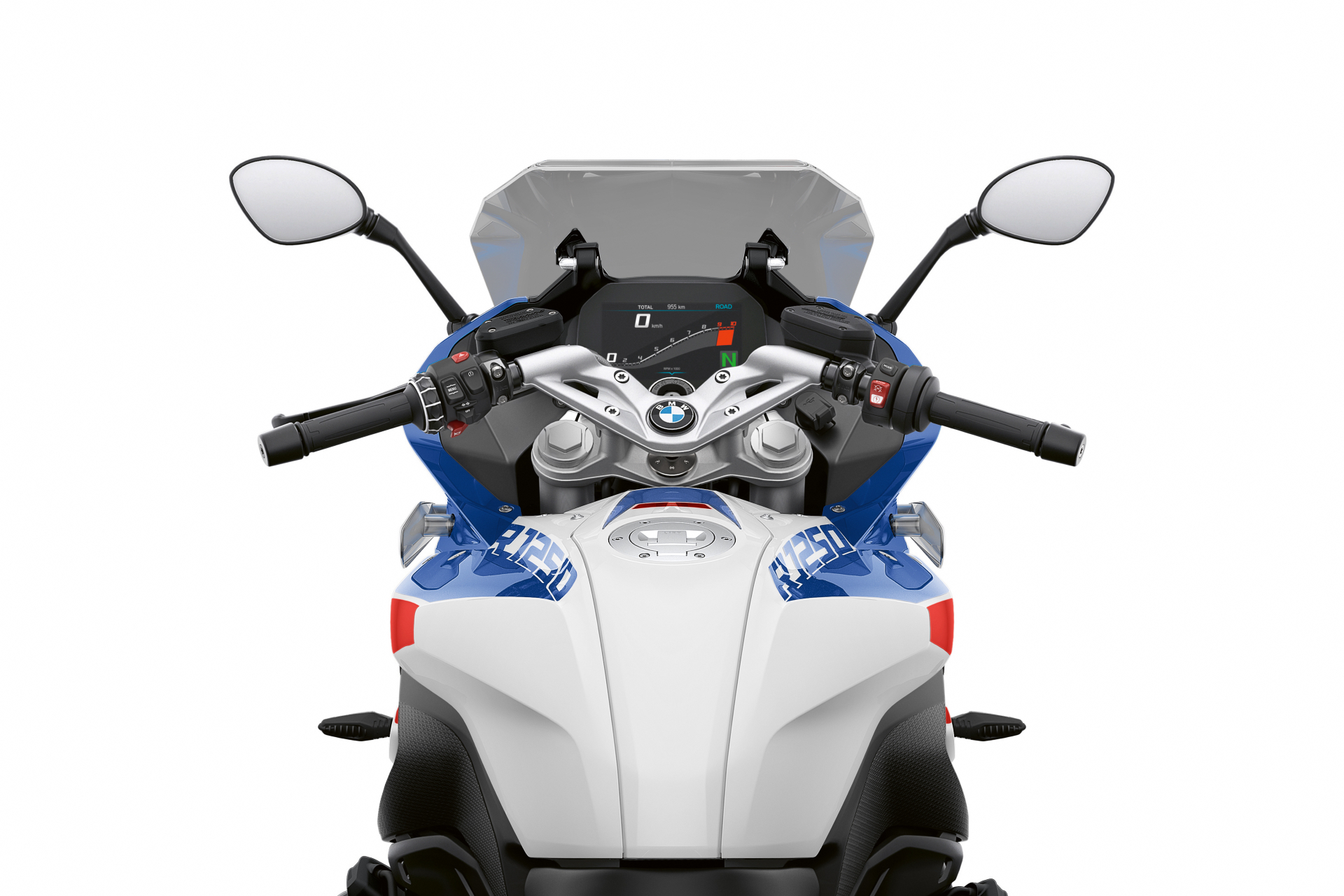 2023 BMW R 1250 RS from the rider's seat with a close up view of the handlebars and windscreen.