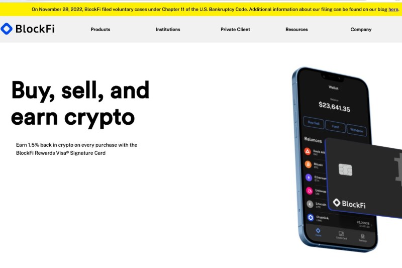BlockFi webpage screenshot with bankruptcy banner.