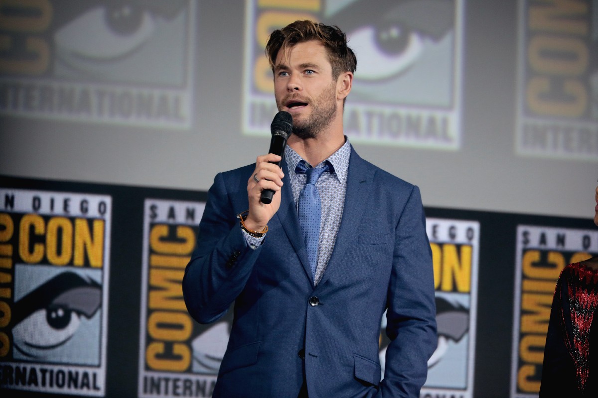 Chris Hemsworth speaking at the 2019 San Diego Comic Con International, for Thor- Love and Thunder, at the San Diego Convention Center in San Diego, California.