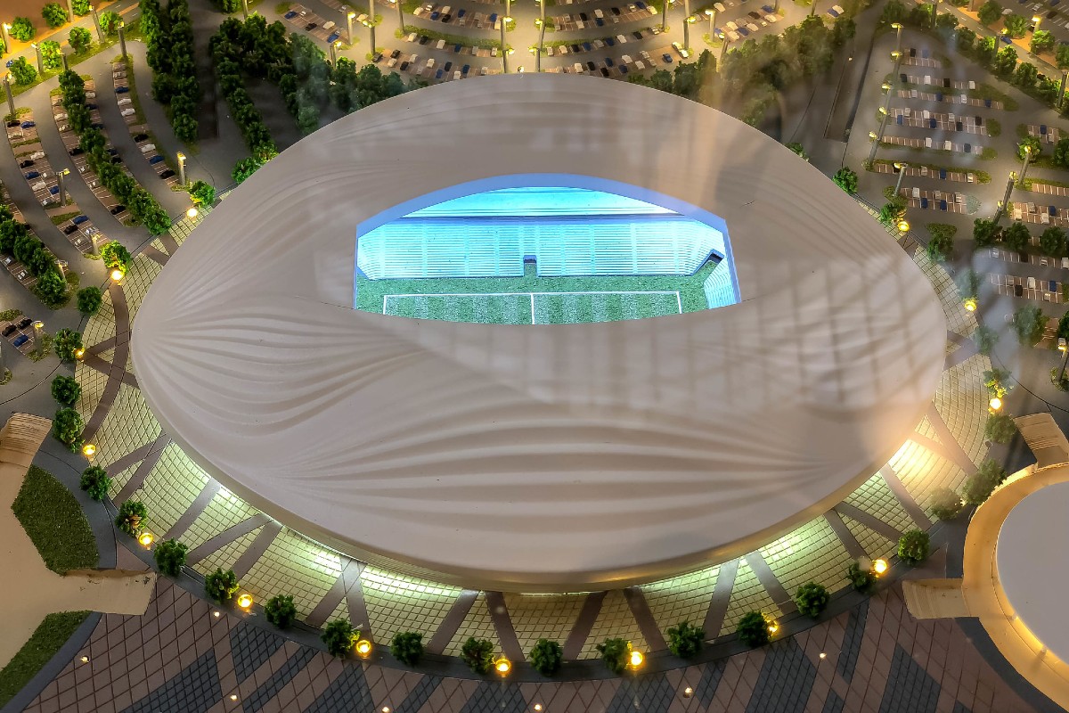Close-up shot of a model of Al Wakrah Stadium.