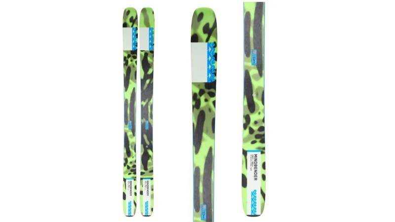 A pair of K2 Mindbender Skis in green and black.