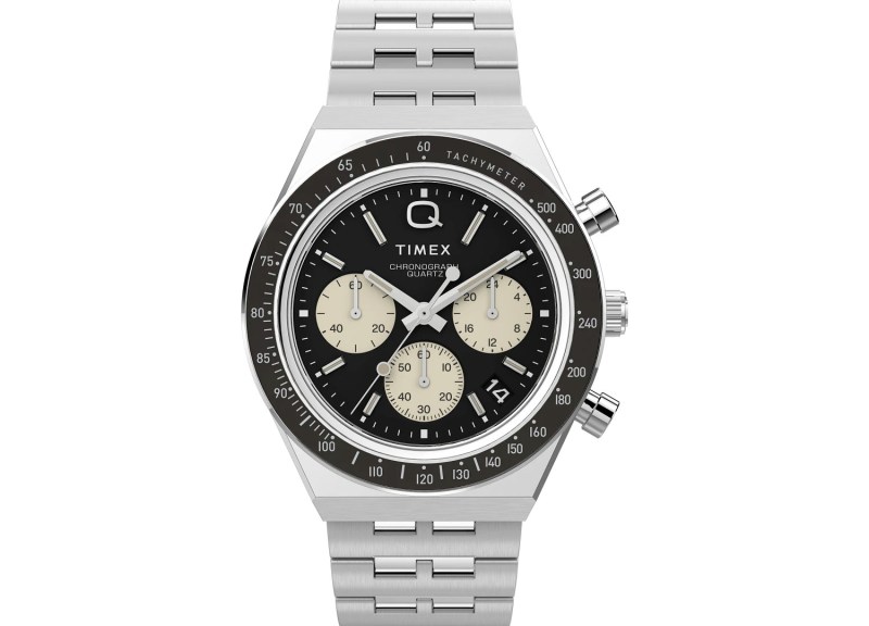 A Timex chronograph watch in black with a steel band.