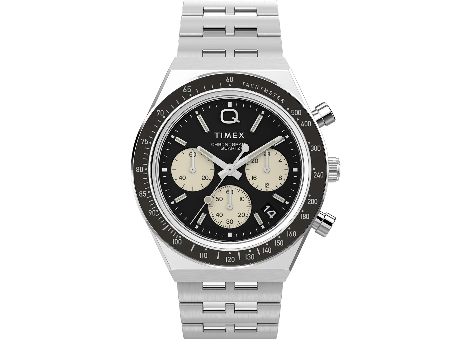 A Timex chronograph watch in black with a steel band.