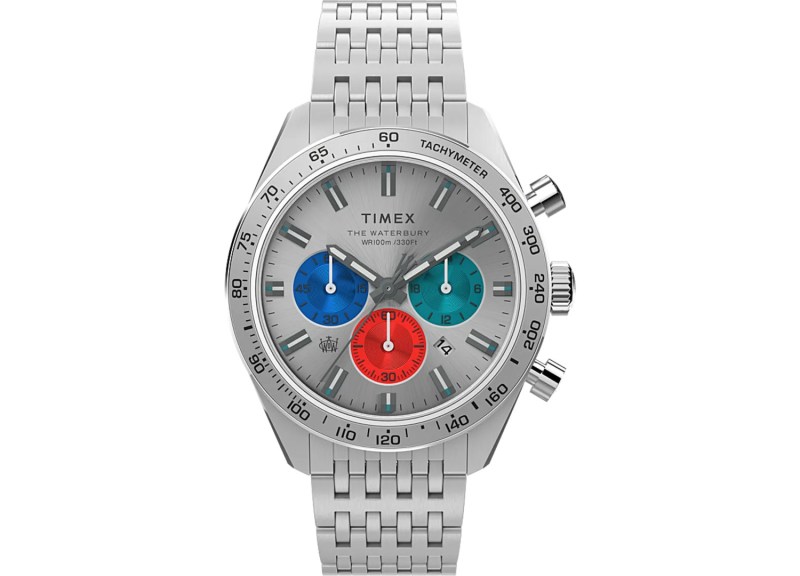 A Timex chronograph watch in silver.
