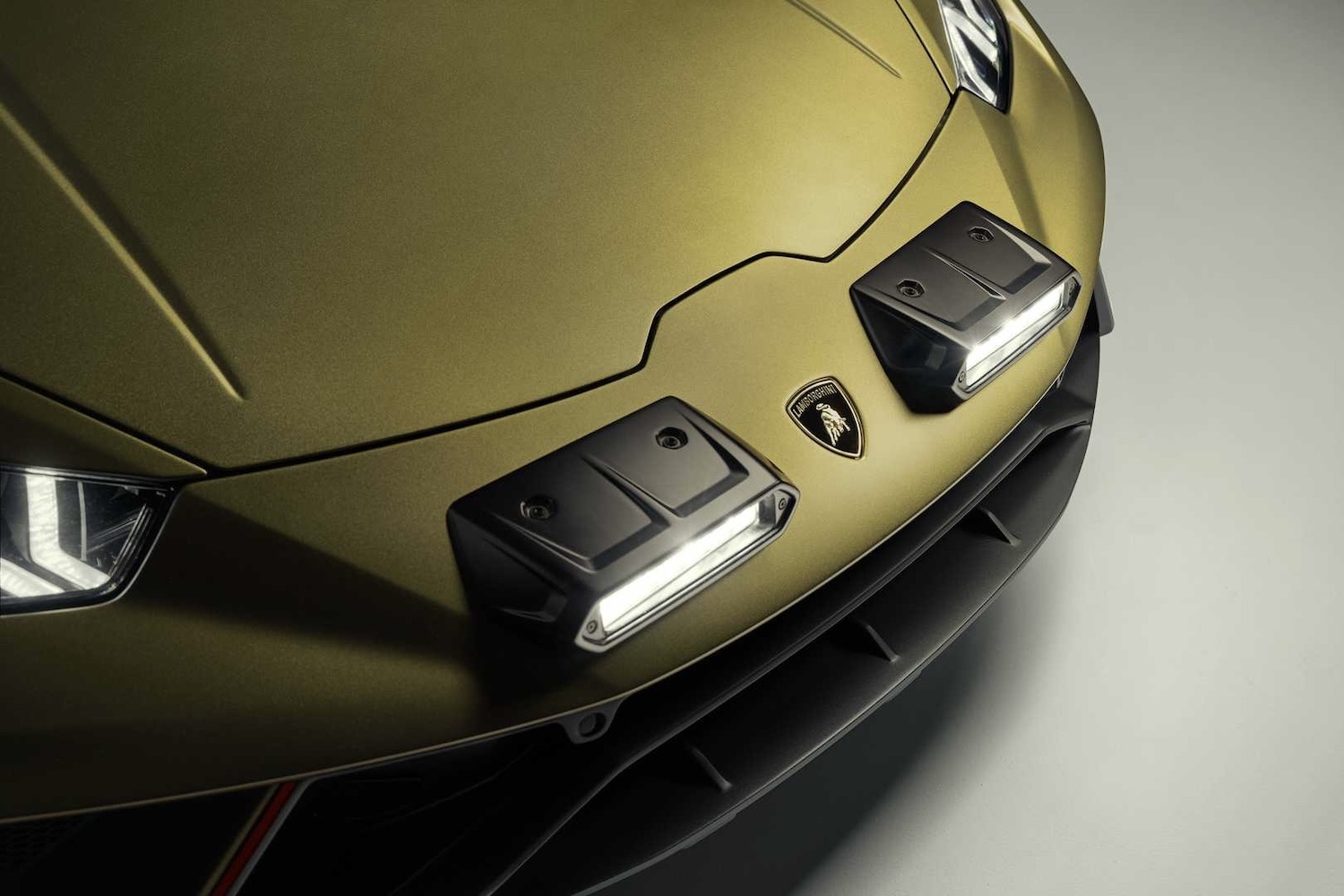Close up of hood-mounted lights on the 2023 Lamborghini Huracan.