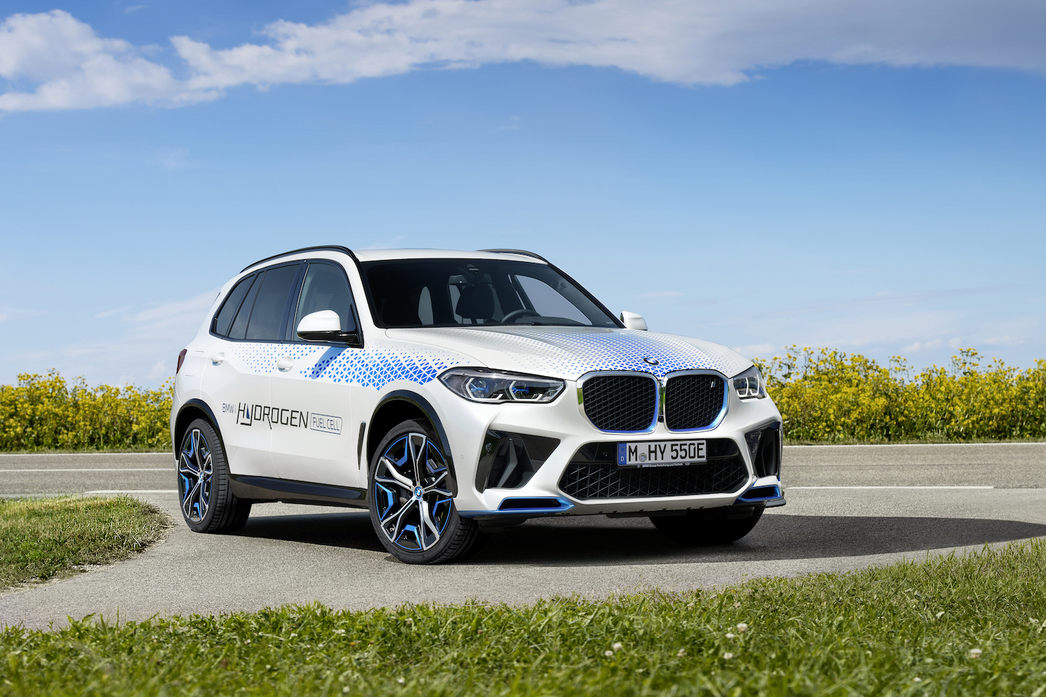 Front end angle of BMW iX5 Hydrogen from passenger's side parked in front of grass with blue skies in the back.